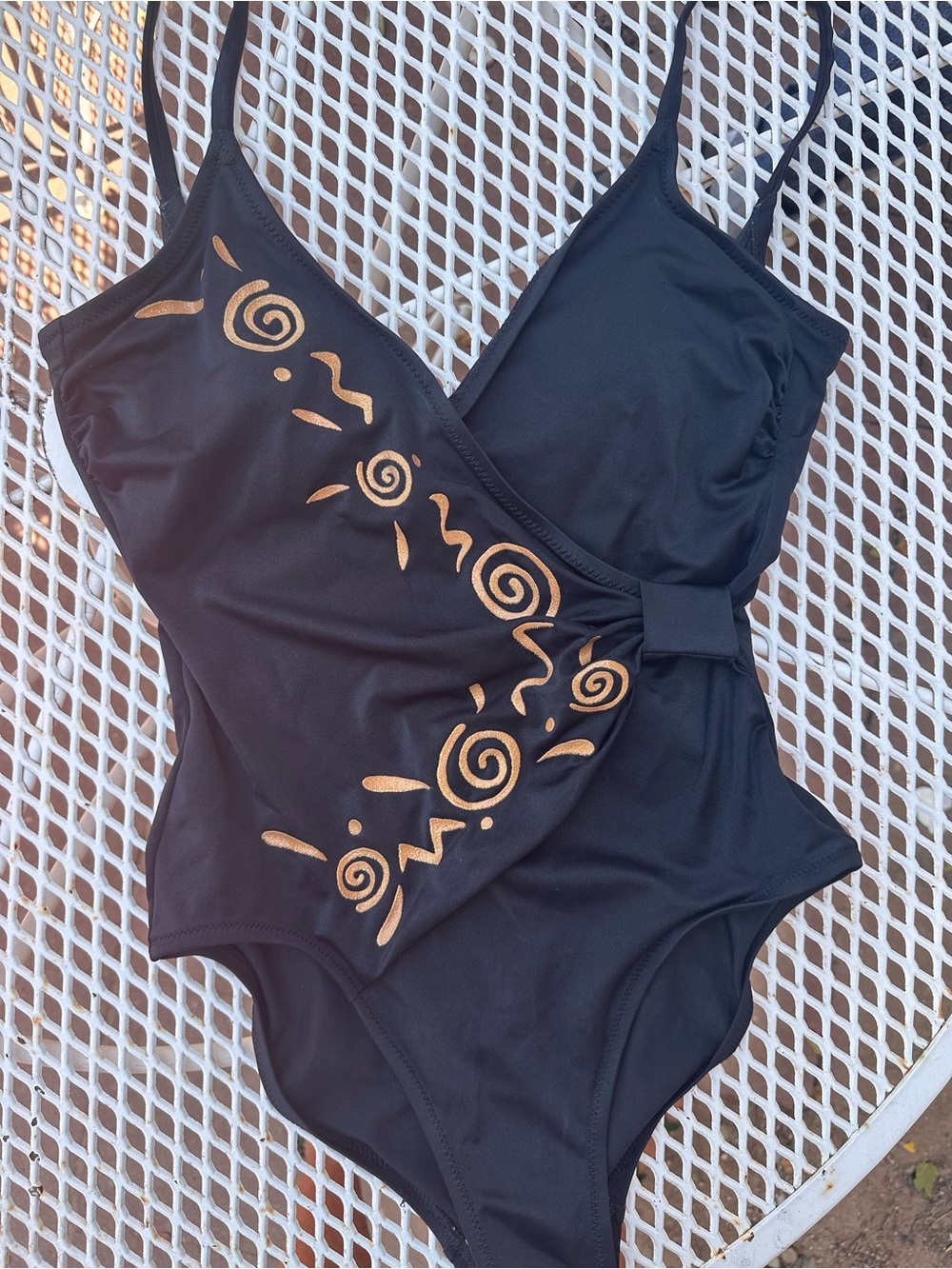 Vintage DeWeese One-Piece Black Swimsuit with Gold Accent Size 12